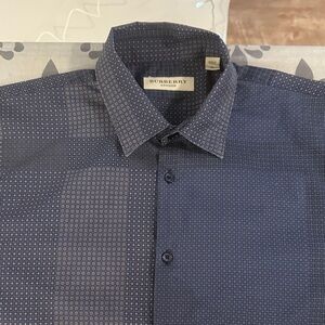 Burberry Men's Navy/tan Geometric Dress Shirt W/ Iconic Check